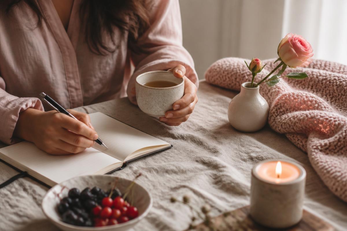 Frau in einem achtsamen Moment mit Tee und Tagebuch
